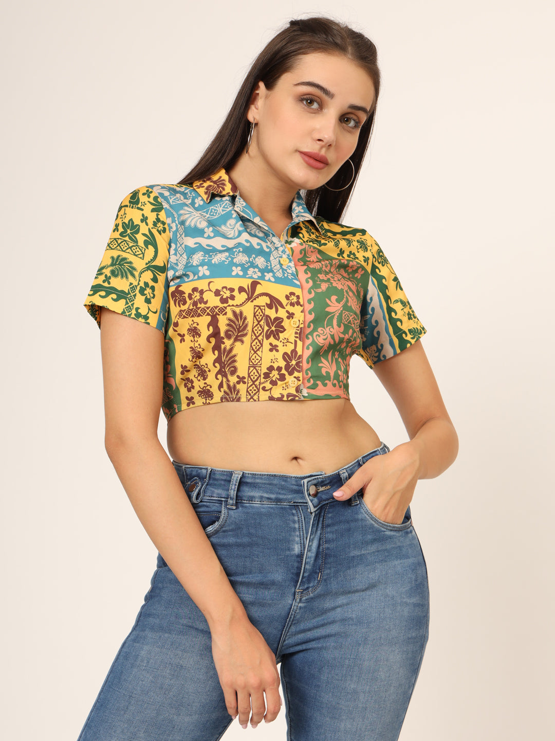 Graphic Printed Shirt Style Crop Top