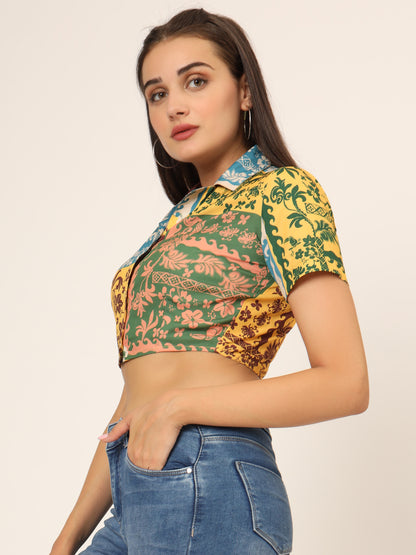 Graphic Printed Shirt Style Crop Top