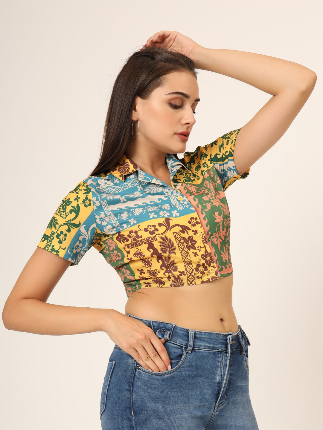 Graphic Printed Shirt Style Crop Top