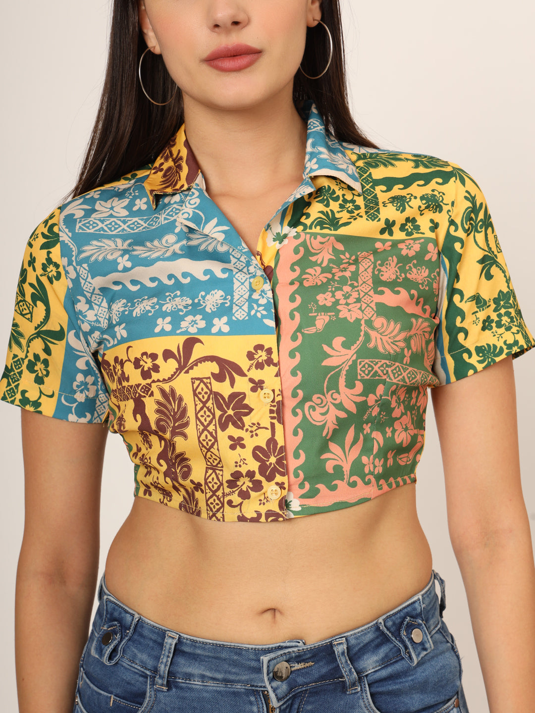 Graphic Printed Shirt Style Crop Top