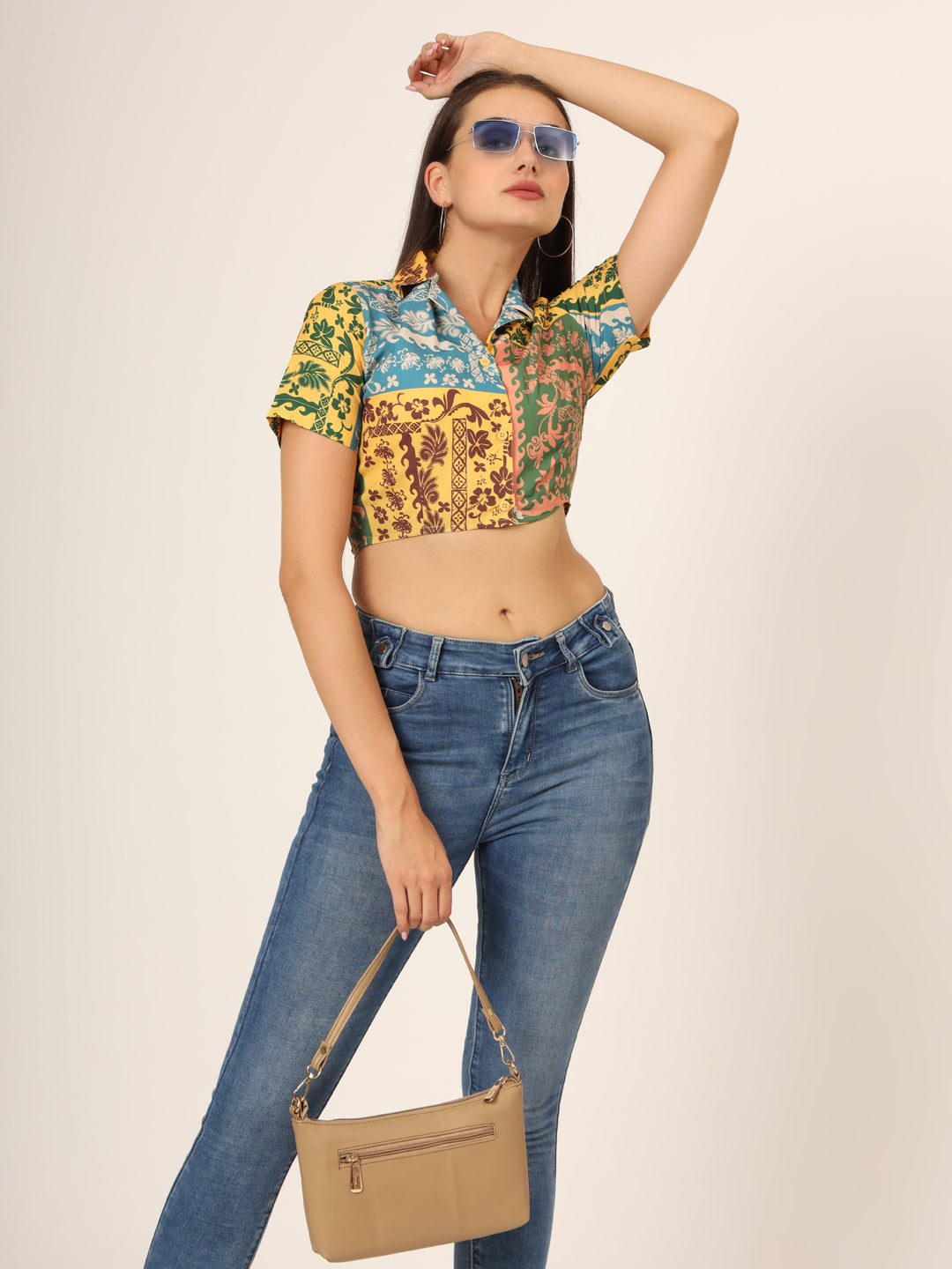 Graphic Printed Shirt Style Crop Top