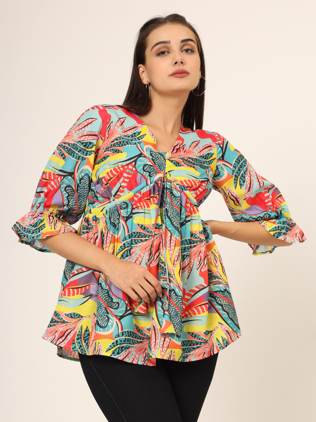 Floral Printed V-Neck Georgette Empire Kurti