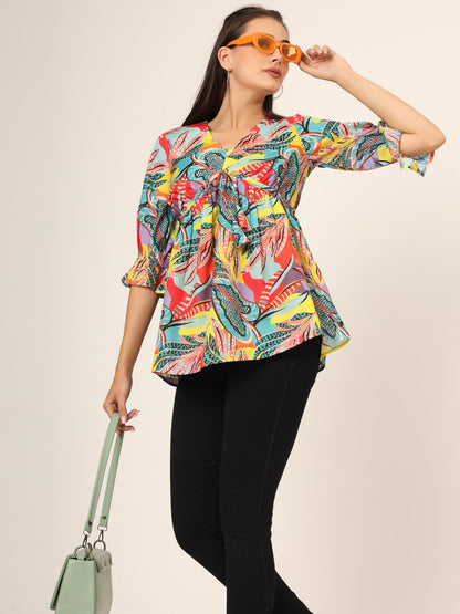 Floral Printed V-Neck Georgette Empire Kurti