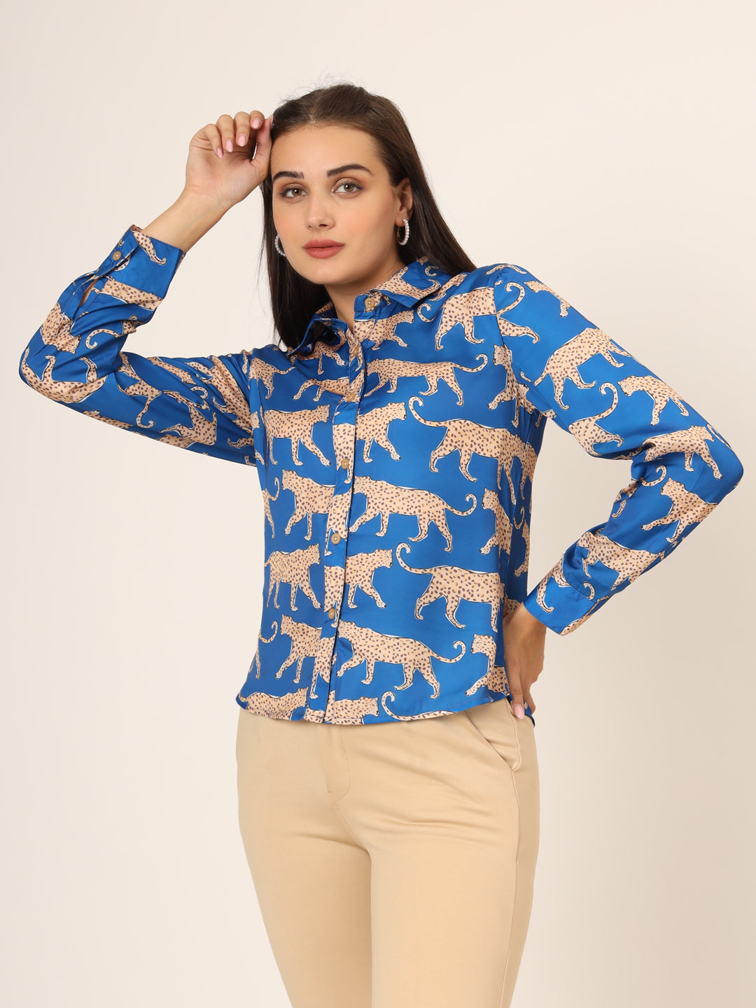 Women Slim Fit Animal Printed Spread Collar Casual Blue Shirt