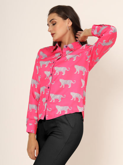 Women Slim Fit Animal Printed Spread Collar Casual Pink Shirt