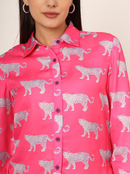 Women Slim Fit Animal Printed Spread Collar Casual Pink Shirt