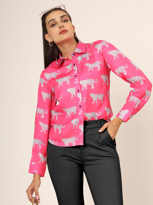 Women Slim Fit Animal Printed Spread Collar Casual Pink Shirt