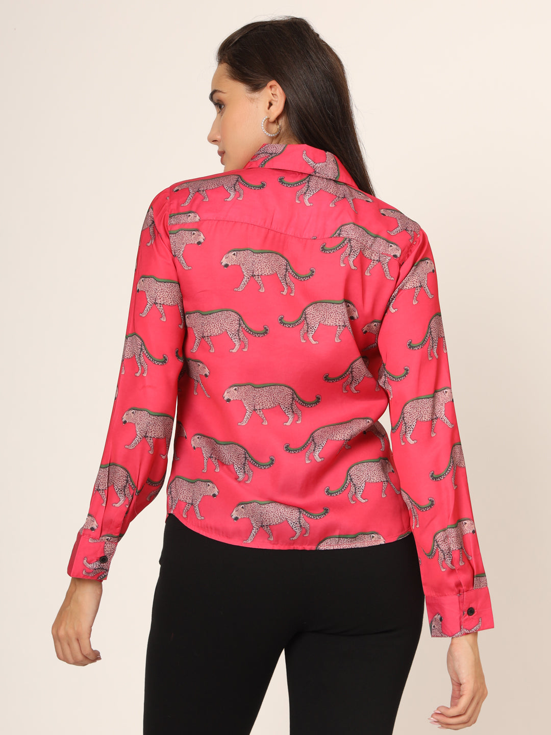 Women Slim Fit Animal Printed Spread Collar Casual Pink Shirt