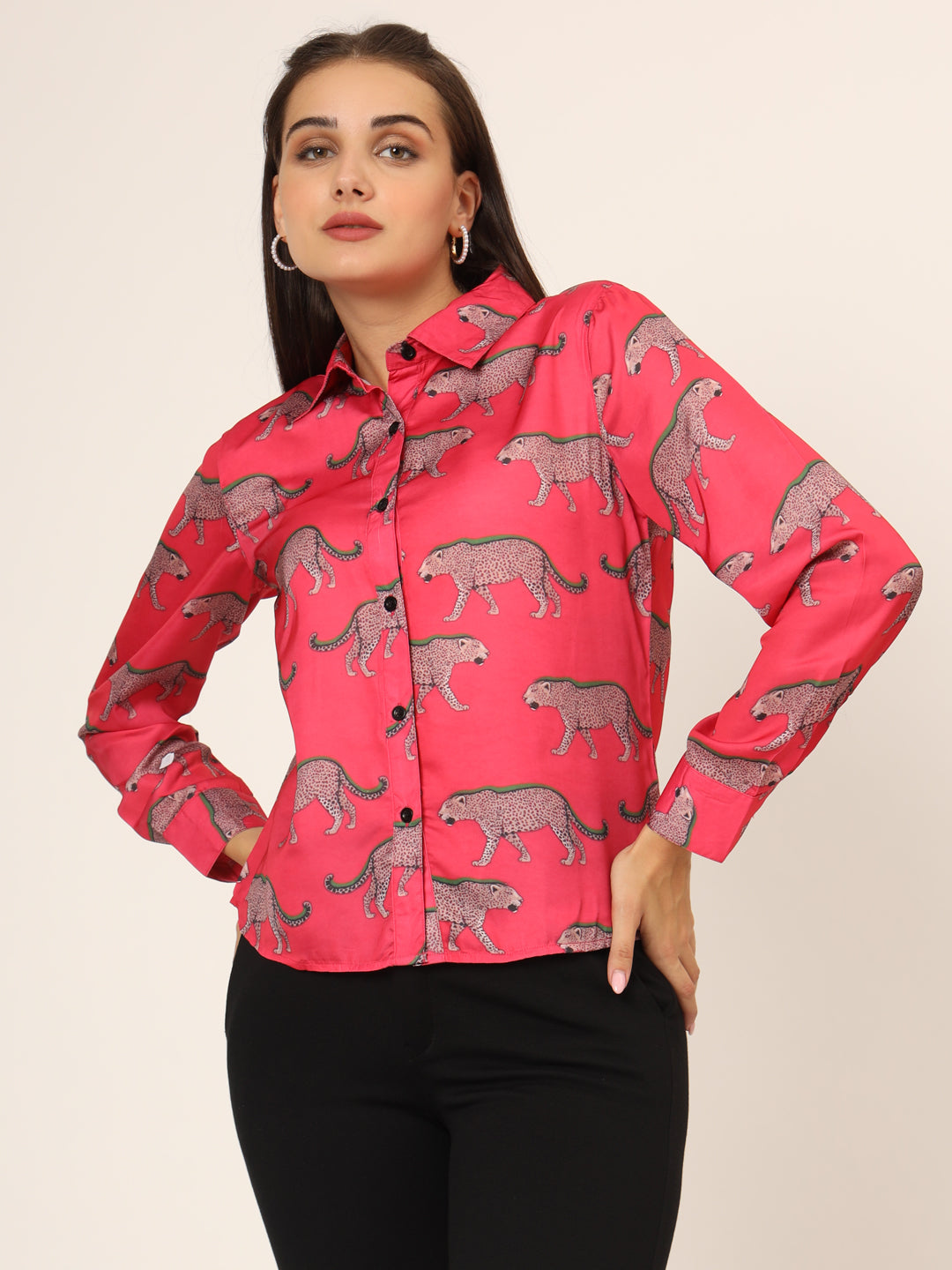 Women Slim Fit Animal Printed Spread Collar Casual Pink Shirt