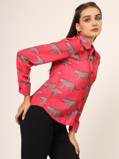 Women Slim Fit Animal Printed Spread Collar Casual Pink Shirt