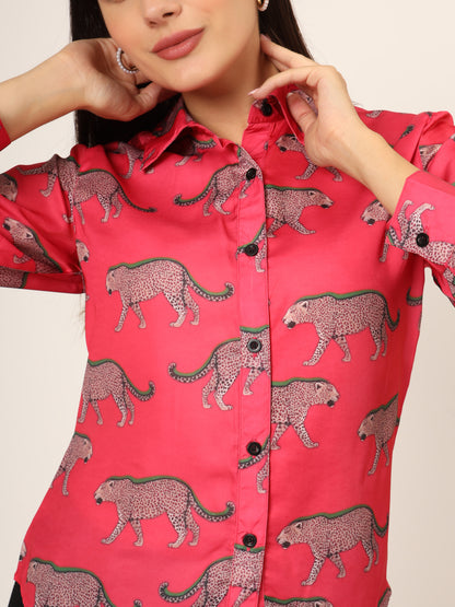 Women Slim Fit Animal Printed Spread Collar Casual Pink Shirt