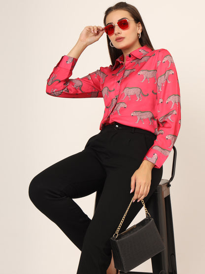 Women Slim Fit Animal Printed Spread Collar Casual Pink Shirt