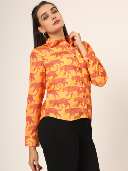 Women Slim Fit Animal Printed Spread Collar Casual Yellow Shirt