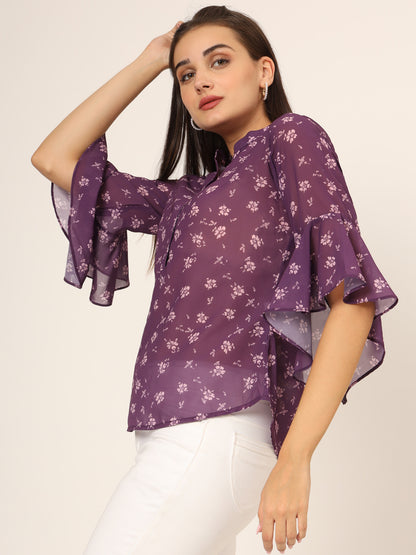 Floral Print Mandarin Collar Bell Sleeve Top