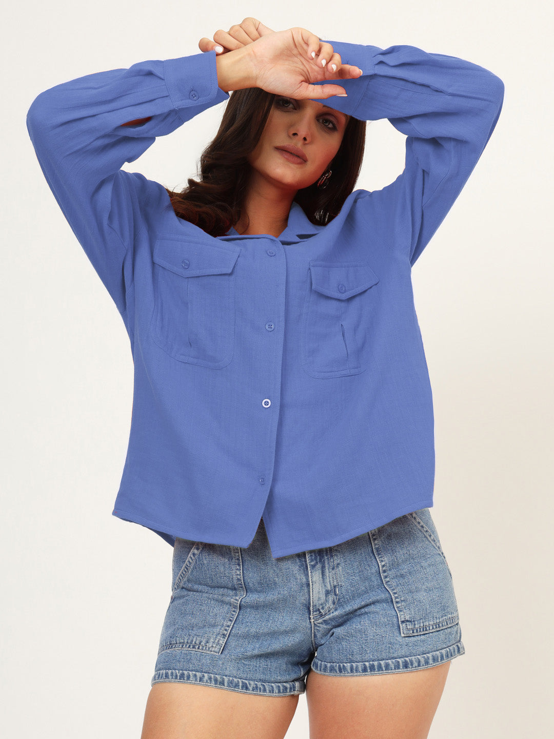 Women Classic Fit Solid Spread Collar Cotton Casual Shirt