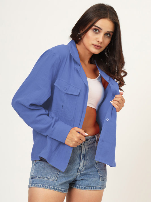 Women Classic Fit Solid Spread Collar Cotton Casual Shirt