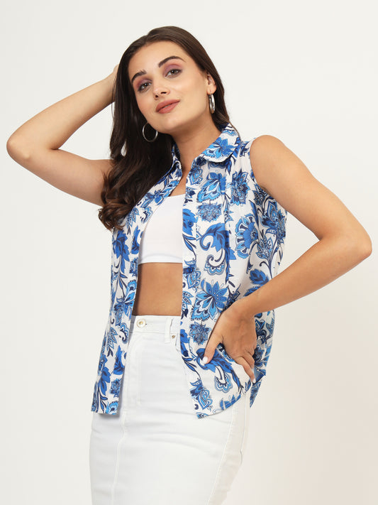 Women Classic Floral Printed Casual Sleeveless Shirt