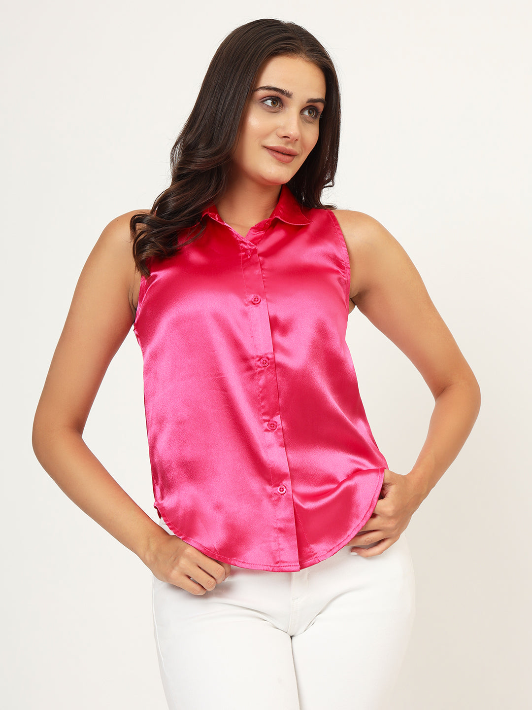 Women Classic Slim Fit Opaque Casual Sleeveless Shirt