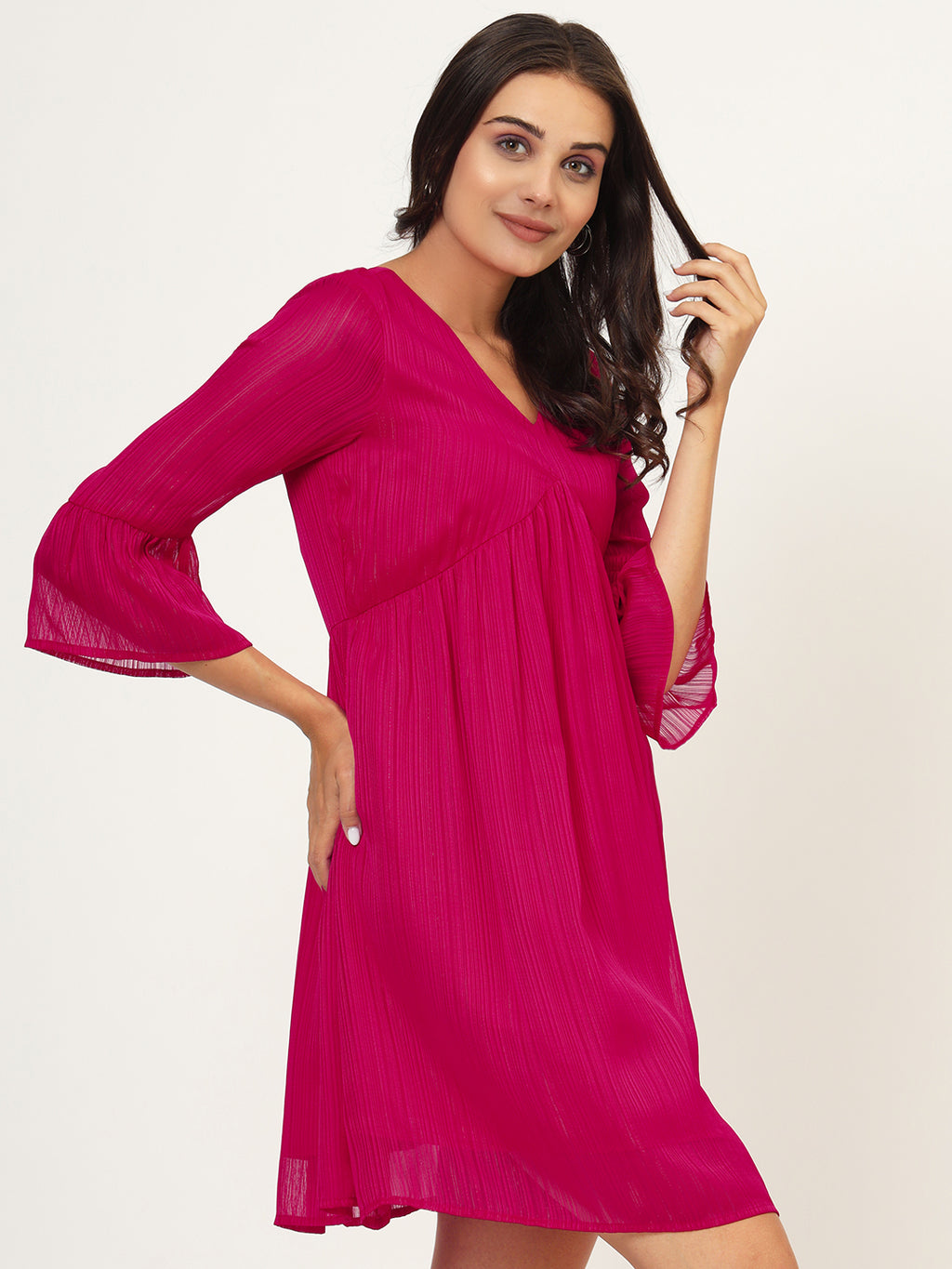 V Neck Flared Sleeve Empire Mini Dress
