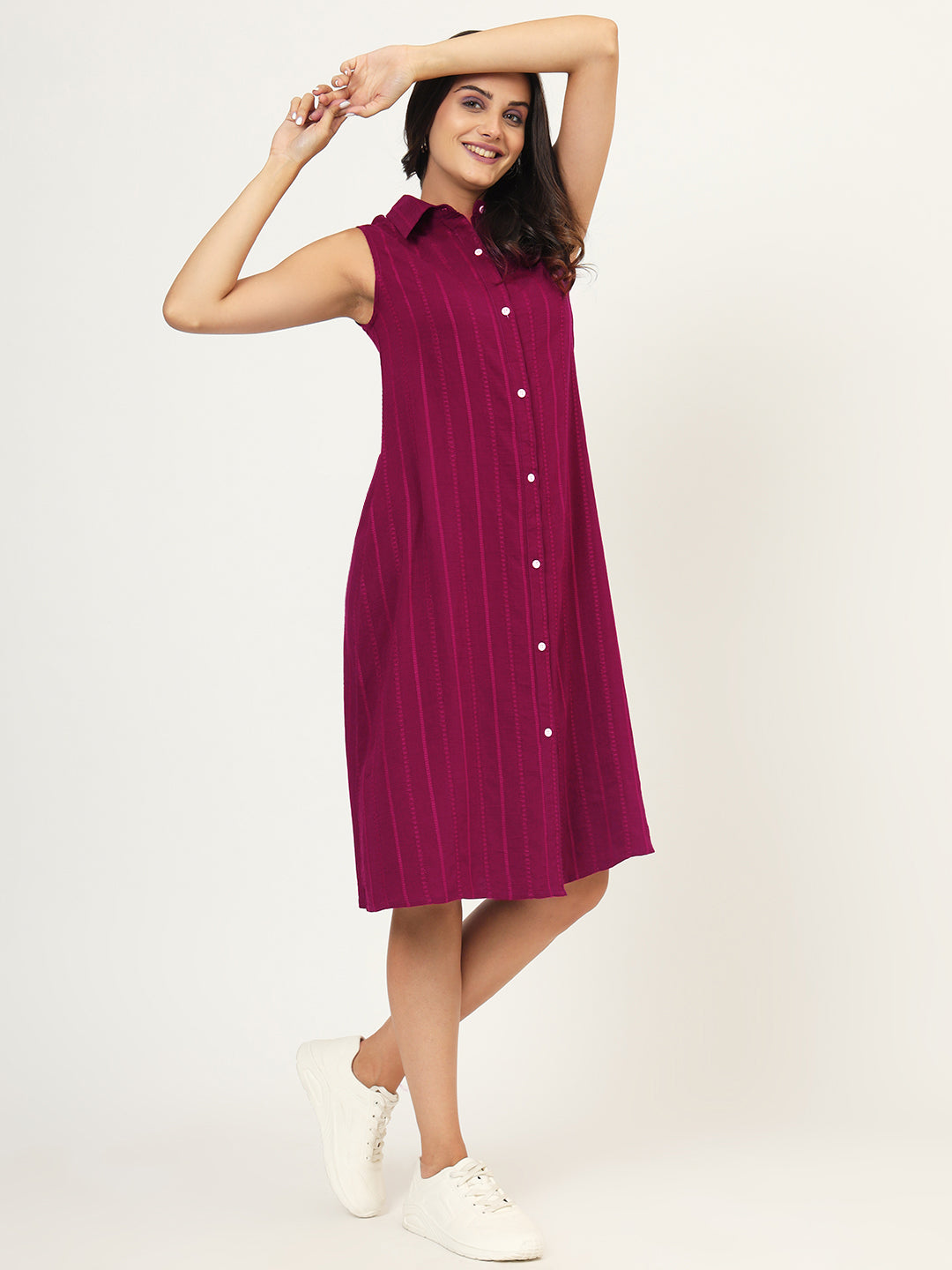 Women Shirt Collar A-Line Striped Dress