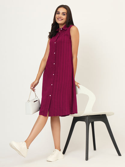 Women Shirt Collar A-Line Striped Dress