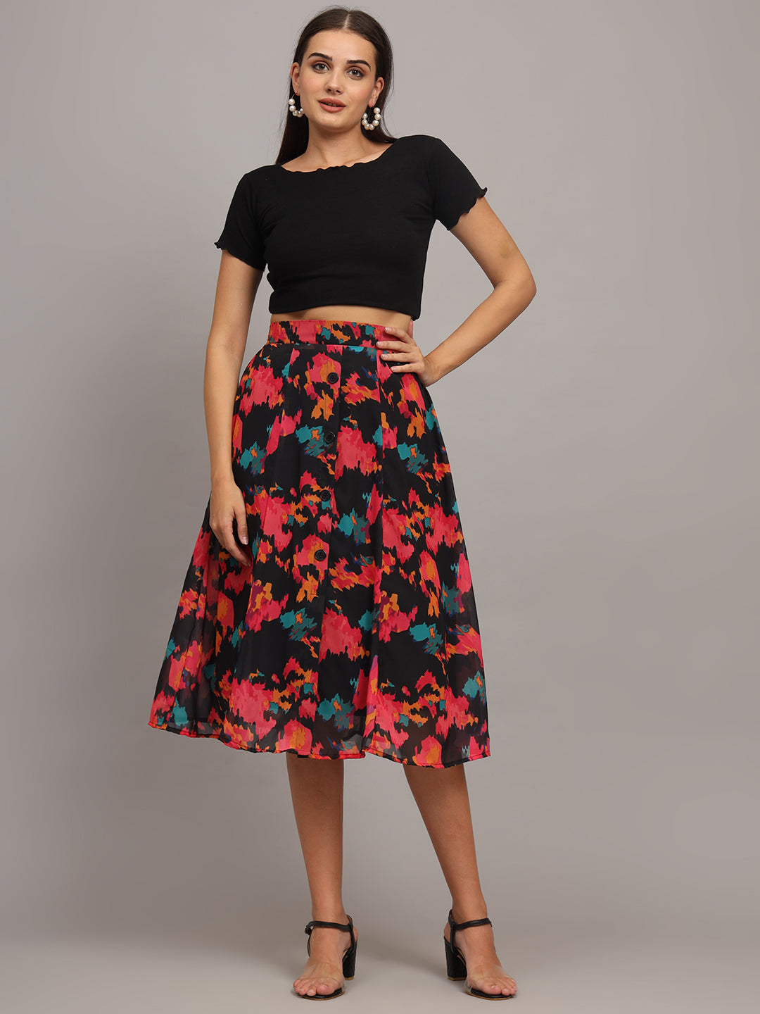 Floral Printed Georgette Knee-Length Flared Skirt Stylish