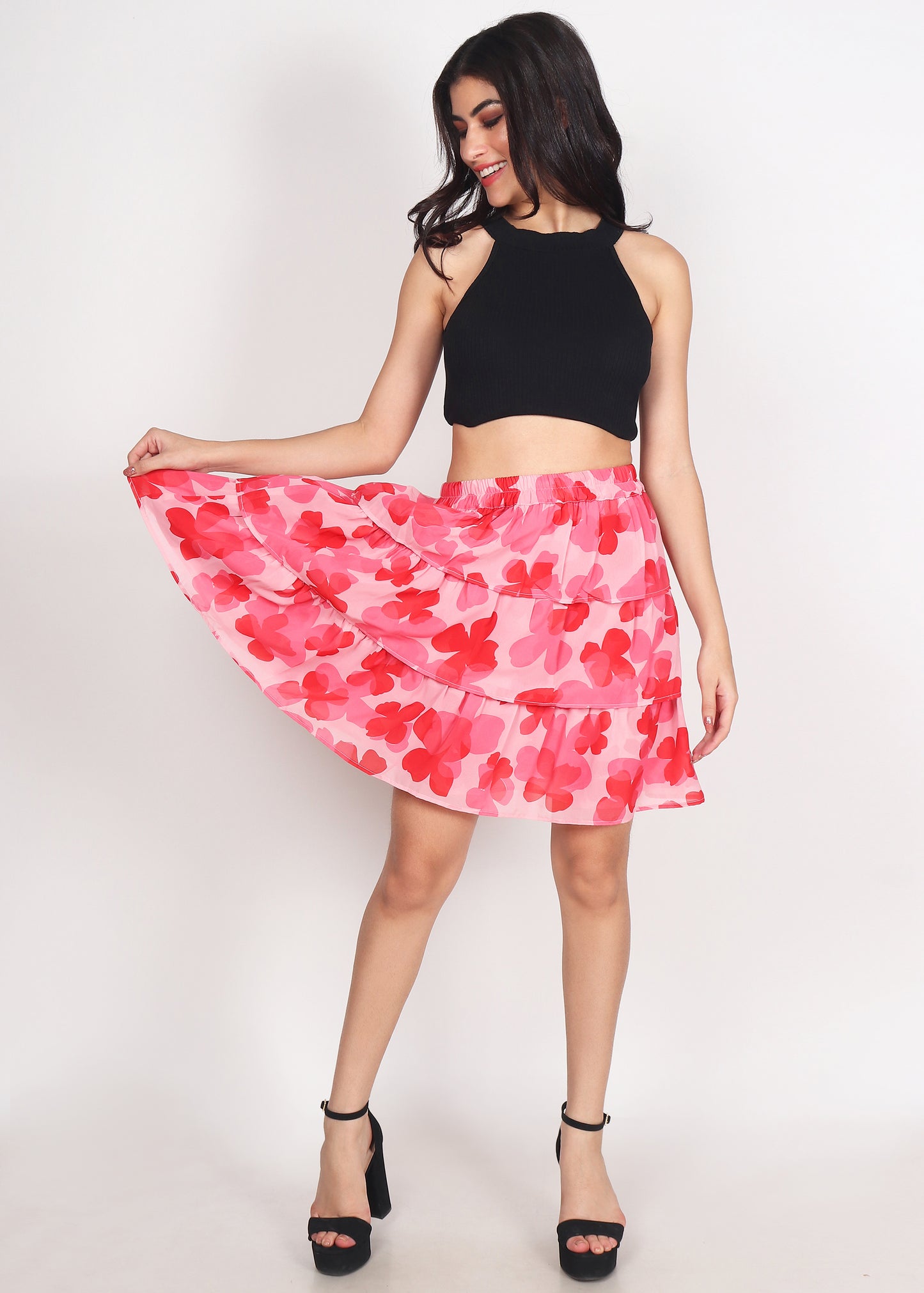 Women Floral Printed Flared Pink Skirt