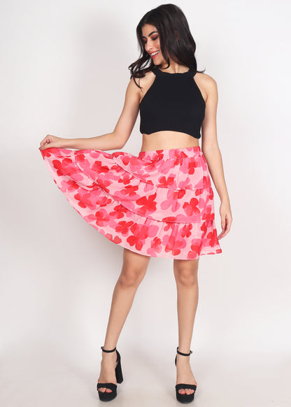 Women Floral Printed Flared Pink Skirt