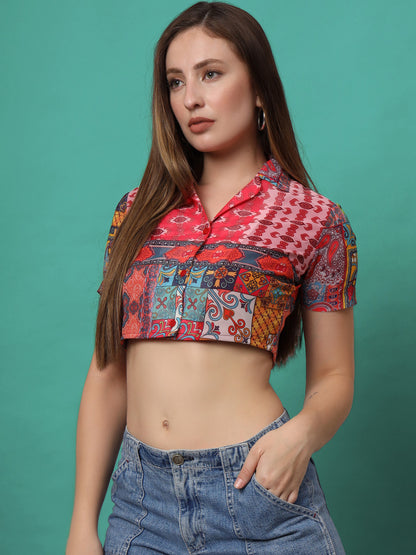 Ethnic Motifs Printed Shirt Style Crop Top