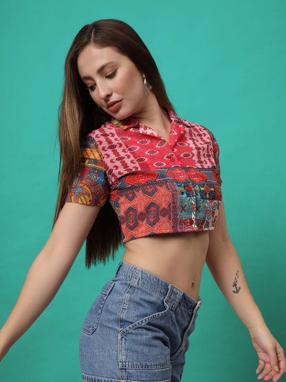 Ethnic Motifs Printed Shirt Style Crop Top