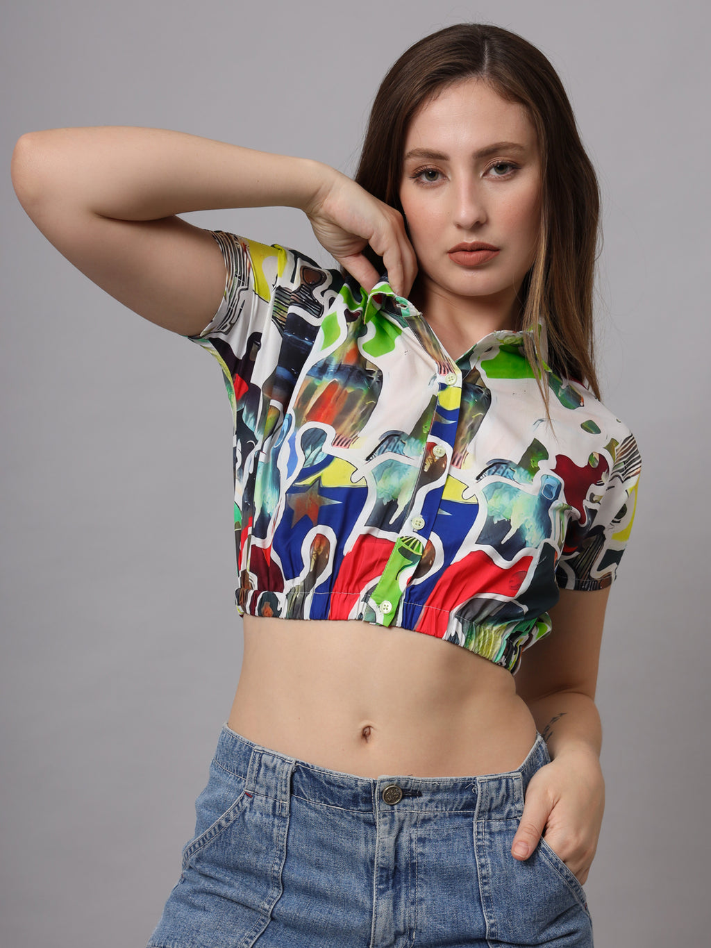 Abstract Printed Shirt Collar Crop Top