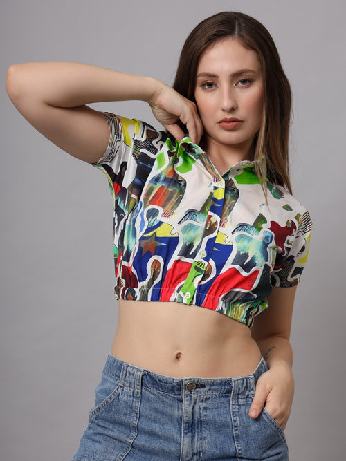 Abstract Printed Shirt Collar Crop Top
