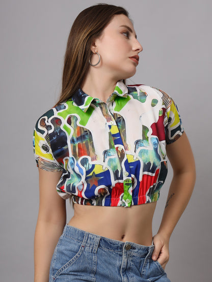 Abstract Printed Shirt Collar Crop Top