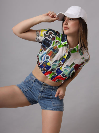 Abstract Printed Shirt Collar Crop Top