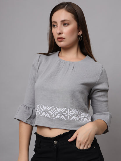 Cotton Grey Embroidered Crop Top