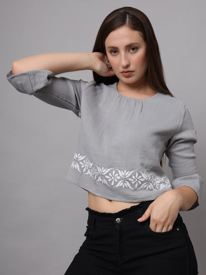 Cotton Grey Embroidered Crop Top