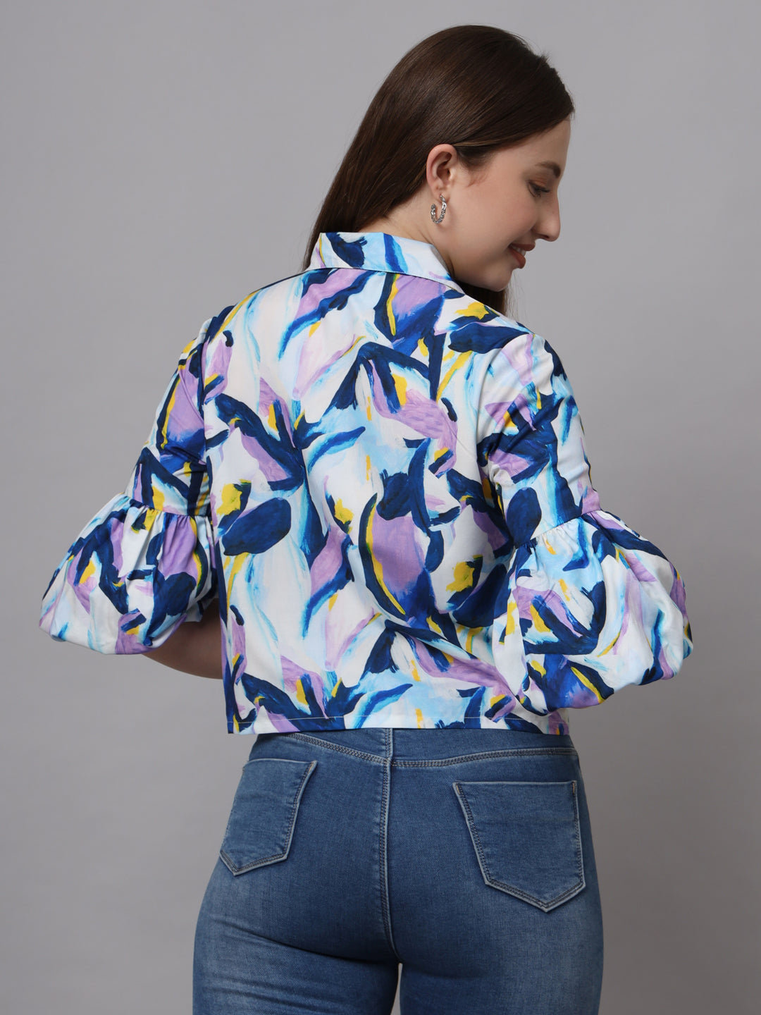 Abstract Printed Shirt Style Shirt Collar Crop Top