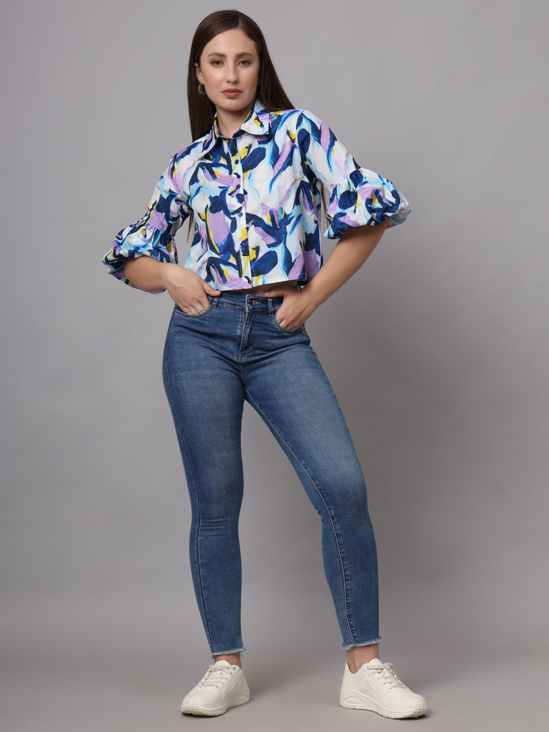 Abstract Printed Shirt Style Shirt Collar Crop Top