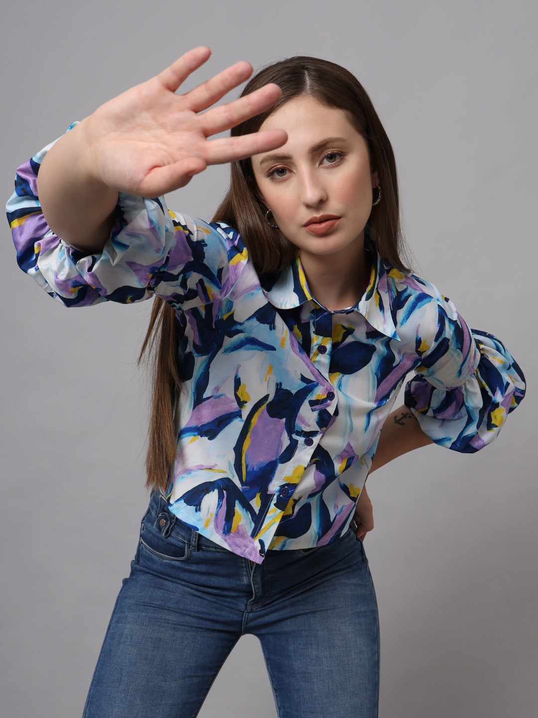 Abstract Printed Shirt Style Shirt Collar Crop Top