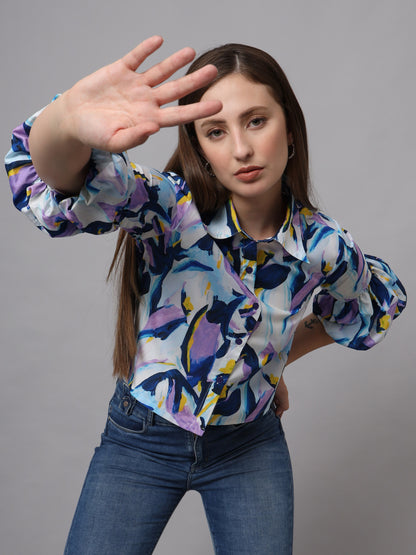 Abstract Printed Shirt Style Shirt Collar Crop Top