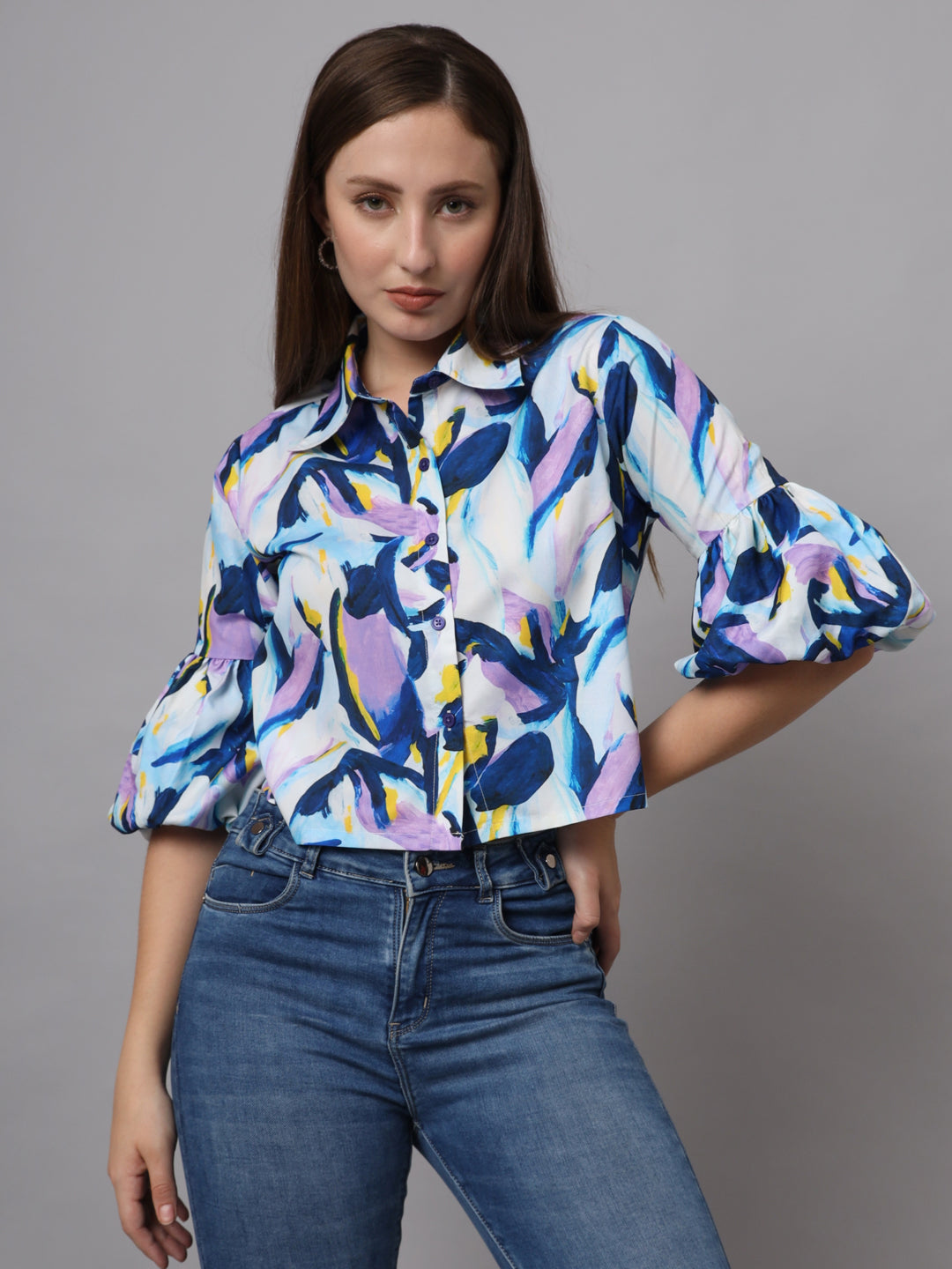 Abstract Printed Shirt Style Shirt Collar Crop Top