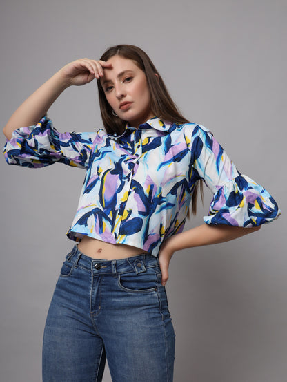 Abstract Printed Shirt Style Shirt Collar Crop Top