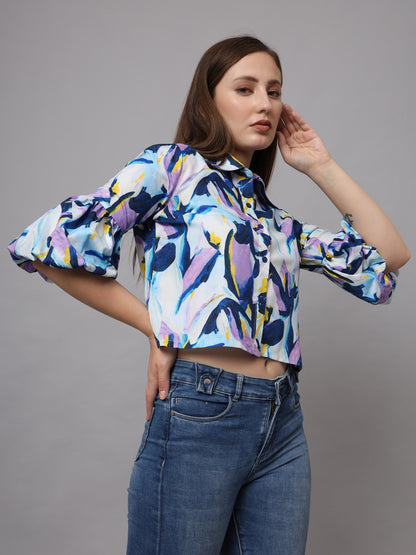 Abstract Printed Shirt Style Shirt Collar Crop Top