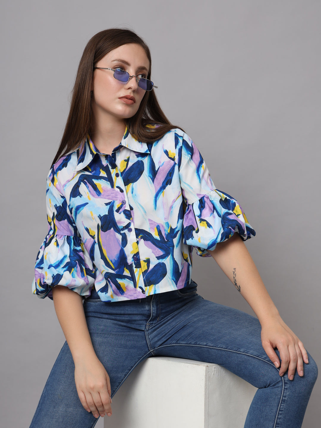 Abstract Printed Shirt Style Shirt Collar Crop Top