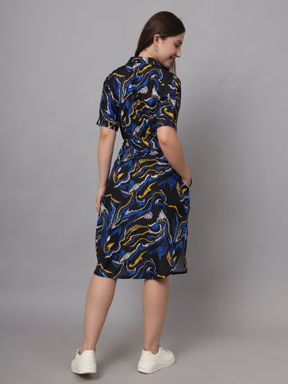 Abstract Print Shirt Collar Fit & Flare Dress