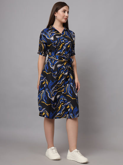 Abstract Print Shirt Collar Fit & Flare Dress