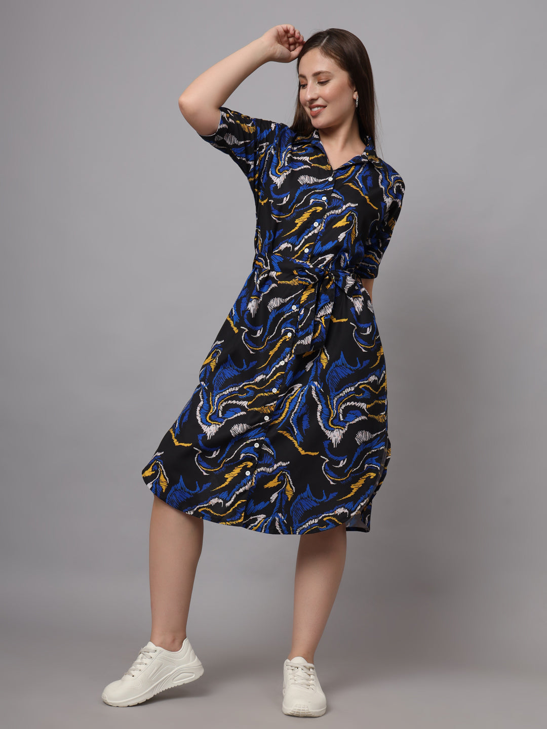 Abstract Print Shirt Collar Fit & Flare Dress