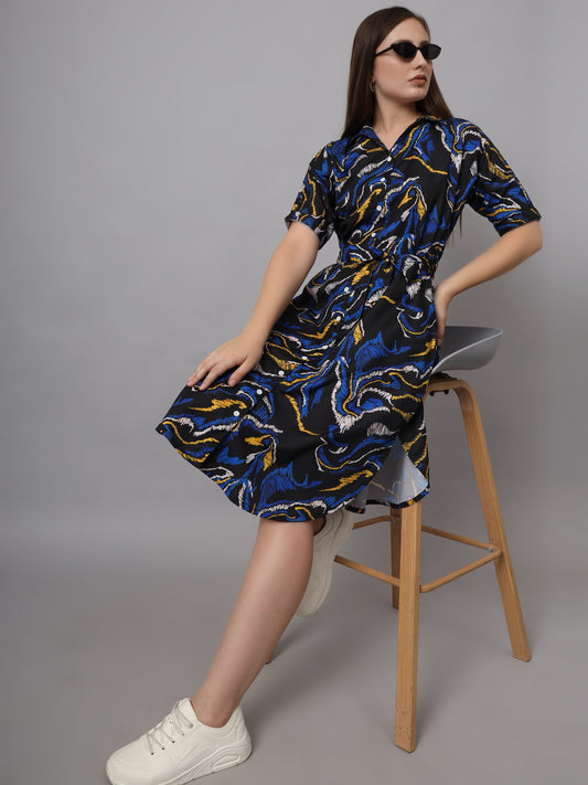 Abstract Print Shirt Collar Fit & Flare Dress