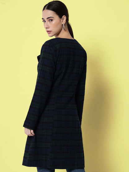 Women Blue & Green Checked Pure Cotton Overcoat