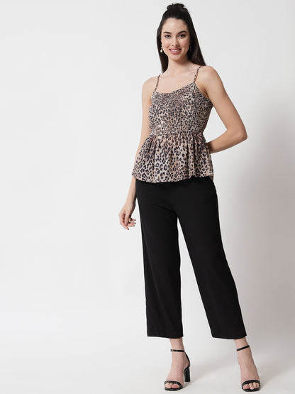 Brown Animal Print Georgette Peplum Top